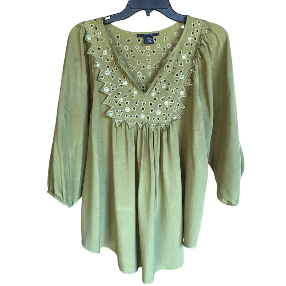 Grace Elements Sage Green Top V-neck Embellished Geometric Yoke Size Medium